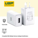 USP 10W USB-A Fast Wall Charger White - Intelligent Chip, Smart Charging, Output Voltage DC5V/3A, Output Current 2A max, Charge Your Phones & Tablets
