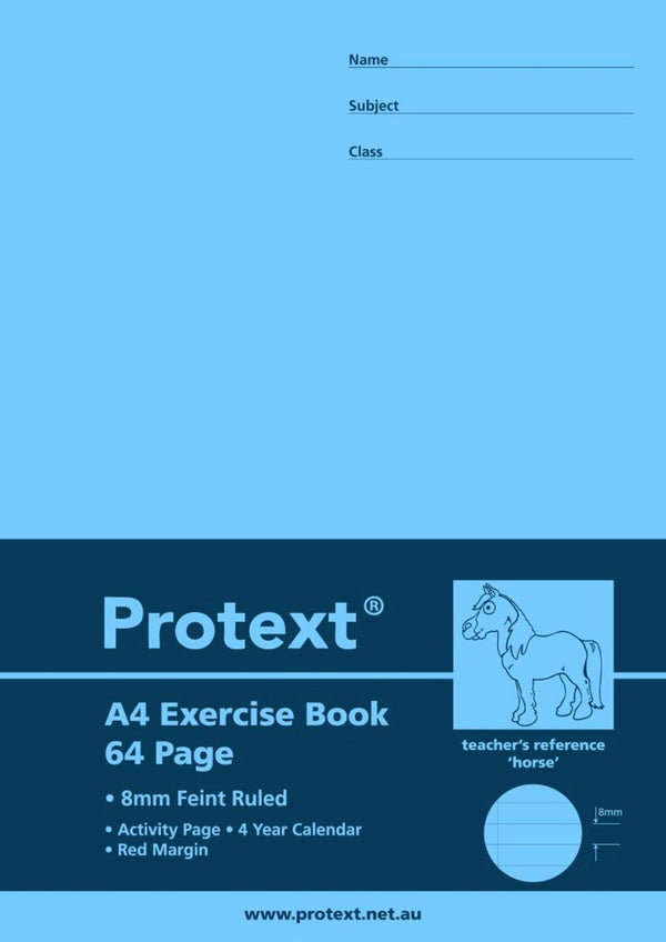 EXERCISE BOOK PROTEXT A4 8MM RULED + MARGIN PP COVER 64PG HORSE