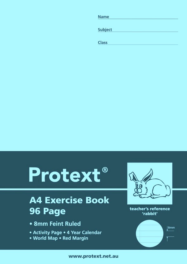 EXERCISE BOOK PROTEXT A4 8MM RULED + MARGIN PP COVER 96PG RABBIT