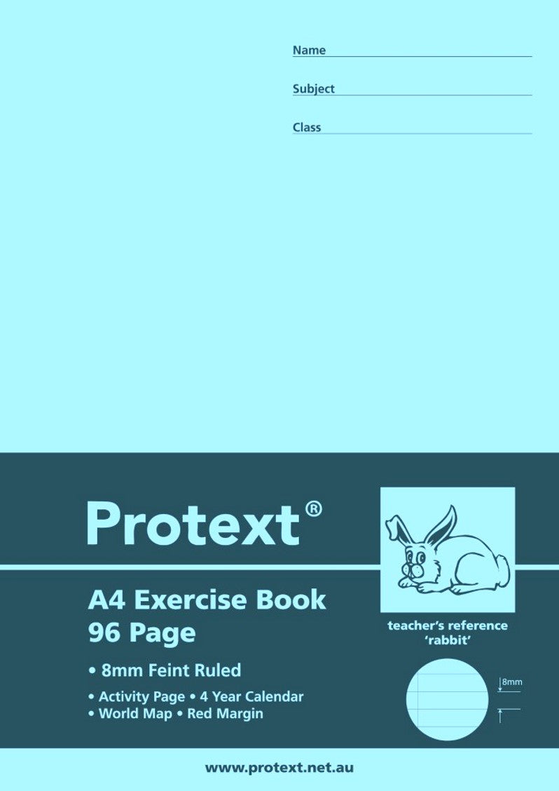 EXERCISE BOOK PROTEXT A4 8MM RULED + MARGIN PP COVER 96PG RABBIT