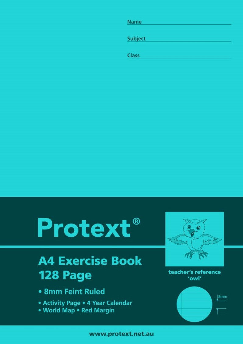 EXERCISE BOOK PROTEXT A4 8MM RULED + MARGIN PP COVER 128PG OWL