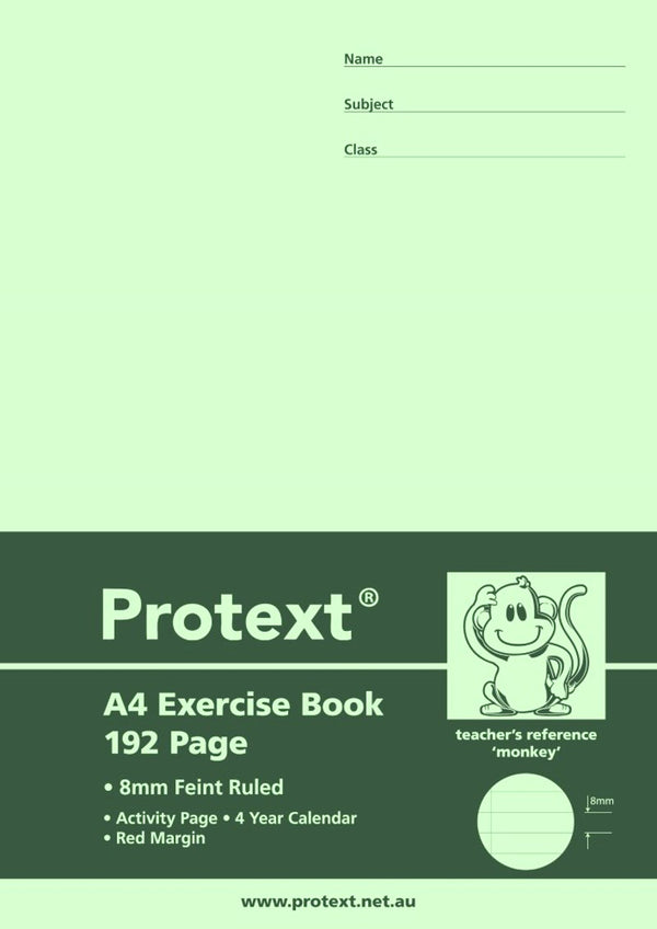 EXERCISE BOOK PROTEXT A4 8MM RULED + MARGIN PP COVER 192PG MONKEY
