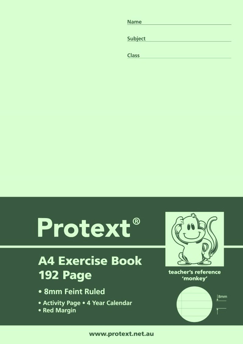 EXERCISE BOOK PROTEXT A4 8MM RULED + MARGIN PP COVER 192PG MONKEY