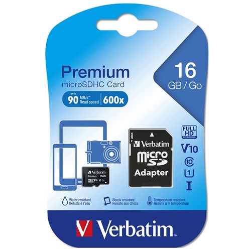 Verbatim Premium Micro SDHC Memory Card With Adapter Class 16GB Black