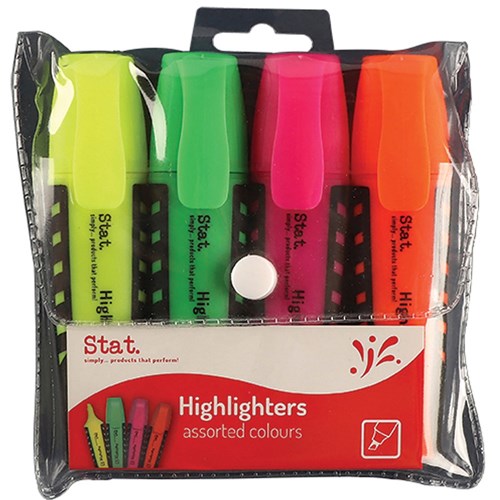 Stat Highlighter Chisel 2-5mm Tip Rubberised Grip Assorted Wallet of 4