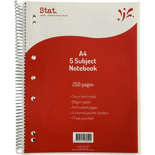 Stat 5 Subject Notebook Spiral A4 7mm Ruled 60gsm 250 Page Red PACK5