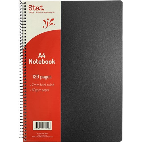 Stat Notebook A4 7mm Ruled 60gsm 120 Pages Poly Cover Black PACK10