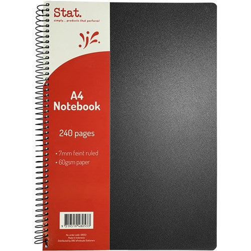 Stat Notebook A4 7mm Ruled 60gsm 240 Page Poly Cover Black PACK5