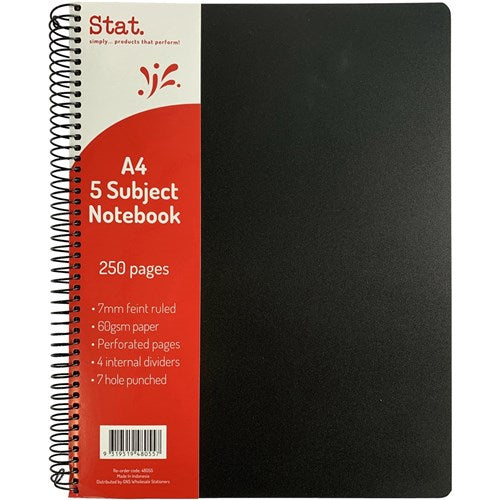 Stat 5 Subject Notebook A4 7mm Ruled 60gsm 250 Page Poly Cover Black PACK5