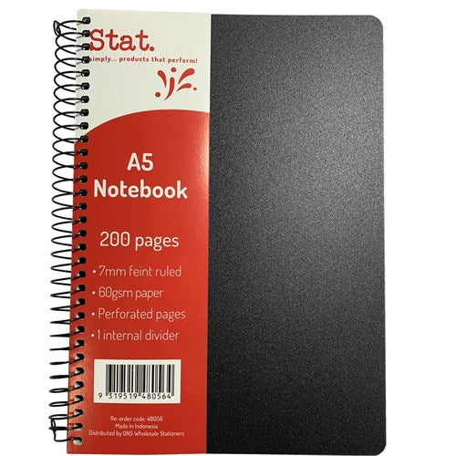 Stat Notebook A5 8mm Ruled 60gsm 200 Pages Poly Cover Black PACK5