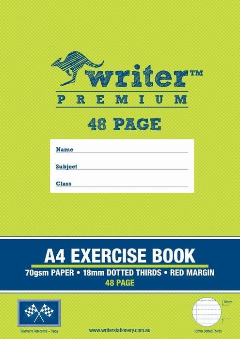 EXERCISE BOOK WRITER PREMIUM A4 48PG 18MM DOTTED THIRDS + MARGIN FLAGS