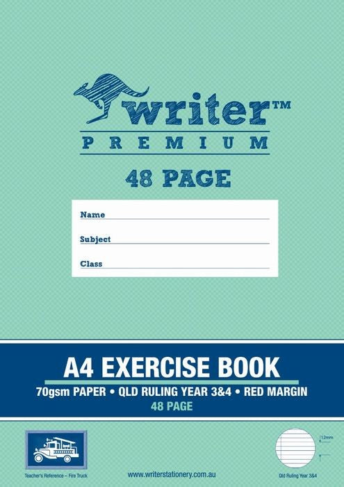EXERCISE BOOK WRITER PREMIUM A4 QLD YR3/4 RULED + MARGIN FIRE TRUCK 48PG