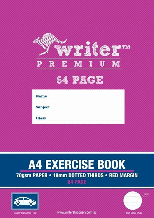 EXERCISE BOOK WRITER PREMIUM A4 64PG 18MM DOTTED THRIDS + MARGIN CAR