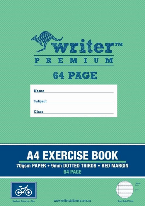 EXERCISE BOOK WRITER PREMIUM A4 64PG 9MM DOTTED THIRDS + MARGIN BIKE