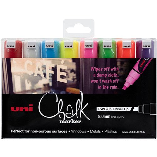 Uni Liquid Chalk Marker 8.0mm Chisel Tip Assorted Colours Pack Of 8