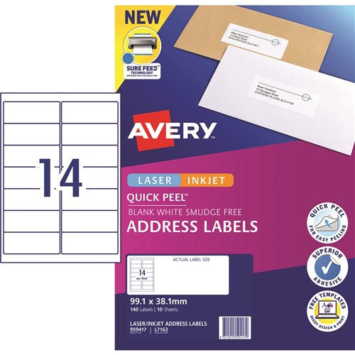 Avery Quick Peel Address Laser & Inkjet Labels White L7163 99.1 x 38mm 14UP 140 Labels