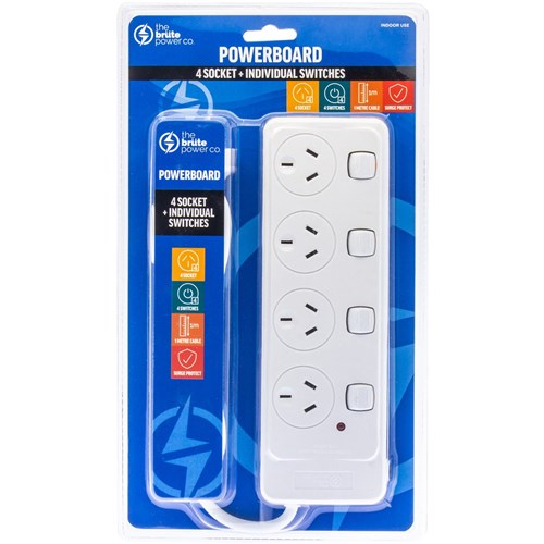 The Brute Power Co. 4 Socket + Individual Switches Powerboard White