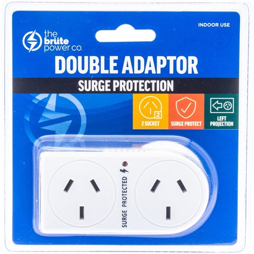 The Brute Power Co. Flat Left Aligned & Surge Protection Double Adaptor White