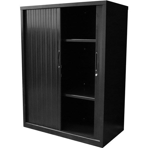 Rapidline Go Tambour Door Cupboard Includes 2 Shelves 1200W x 473D x 1016mmH Black