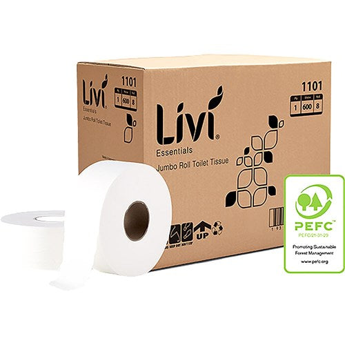 Livi Essentials Toilet Paper Jumbo Roll 1 Ply 600m Box Of 8 | Better Office