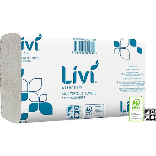 Livi Essentials Hand Towel Multifold 1 Ply 200 Sheet Box Of 20 | Better Office