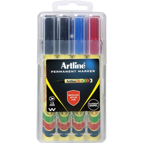 Artline 70 Permanent Markers Bullet 1.5mm Assorted Colours Hard Case Pack Of 4