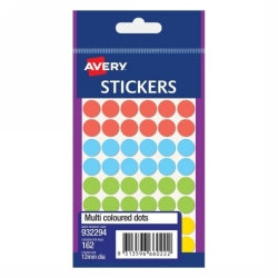 LABEL AVERY F/P 12MM MULTI COLOURED DOTS PK162 PK10