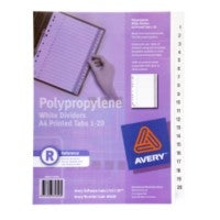 DIVIDER A4 1-20 INDEX AVERY P/P L7411-20 WHT