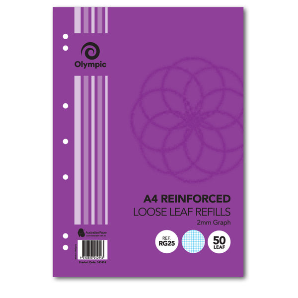 LOOSE LEAF REINFORCED REFILLS OLYMPIC A4 2MM GRAPH 50 LEAF
