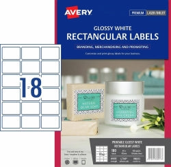 LABELS AVERY L7109 GLOSS WHITE RECTANGLE 18UP PK10