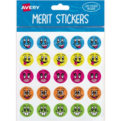 Avery Merit Stickers Smiley Faces Round 22mm 5 Designs Assorted 300 Stickers