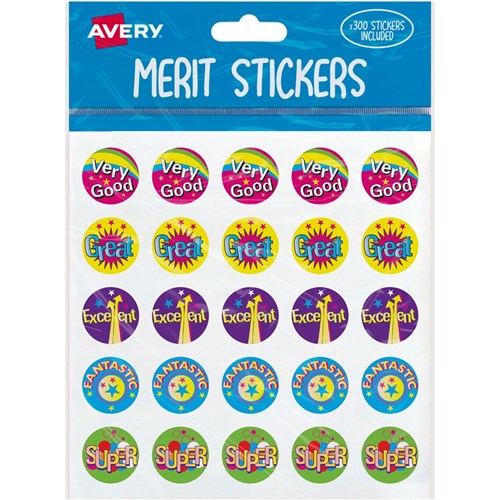 Avery Merit Stickers Caption 1 Round 22mm 5 Designs Assorted Colours 300 Stickers