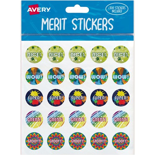 Avery Merit Stickers Caption 3 Round 22mm 5 Designs Assorted Colours 300 Stickers