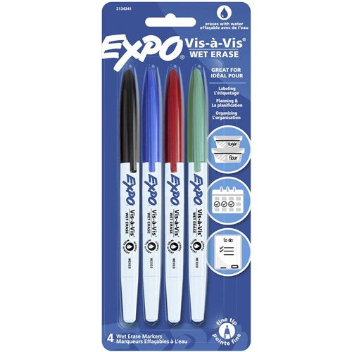 Expo Vis-a-Vis Wet Erase Whiteboard Markers Fine Point Assorted Colours Pack of 4 | Better Office