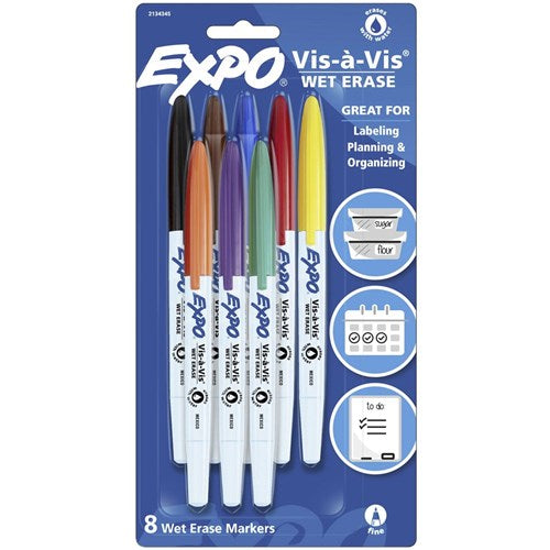 Expo Vis-a-Vis Wet Erase Whiteboard Markers Fine Point Assorted Colours Pack of 8