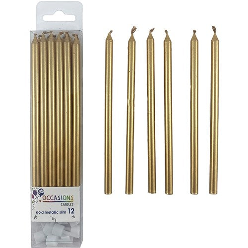 Alpen Occasions Slim Candles With Holders 120mm Gold Pack Of 12