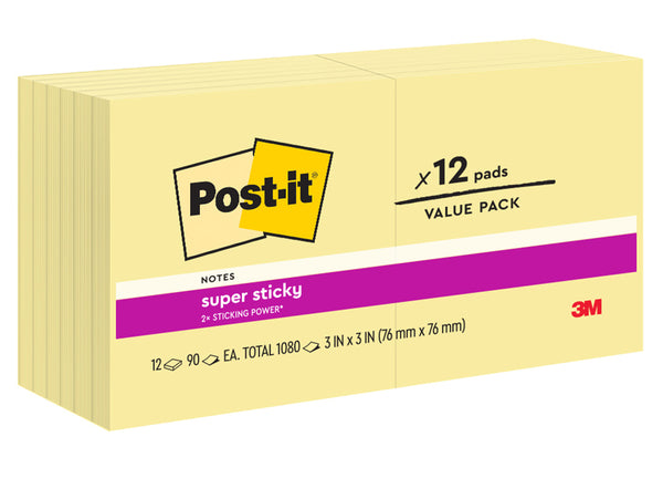 NOTES SUPER STICKY POST-IT 76X76 654-12SSCY YELLOW
