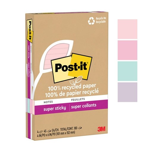 Post-It 4621R-4SSNRP Lined Super Sticky Notes 101mmx152mm Wanderlust Pastels Pack Of 4