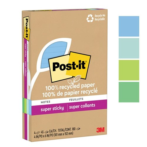 Post-It 4621R-4SST Lined Super Sticky Notes Recycled 101mm x 152mm Oasis Pack Of 4