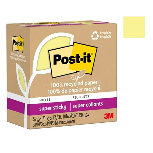 Post-It 654R-5SSCY Super Sticky Notes Recycled 76mm x 76mm Yellow Pack Of 5