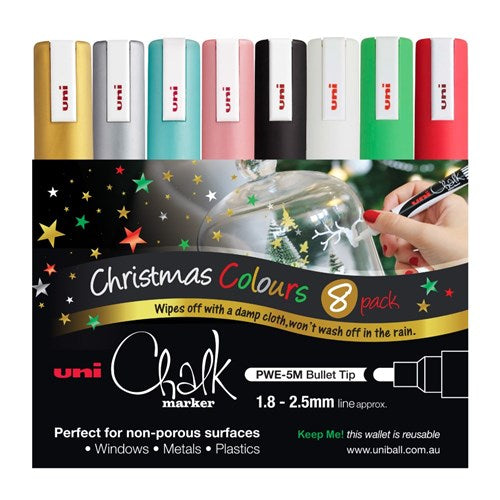 Uni Liquid Chalk Marker Medium 1.8-2.5mm Bullet Tip Christmas Colours Pack Of 8