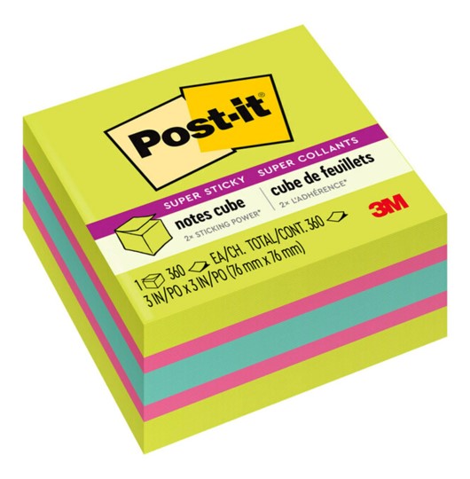 NOTES SUPER STICKY POST-IT 76X76MM CUBE 2027-SSGFA NEON GREEN MIX 360SHT
