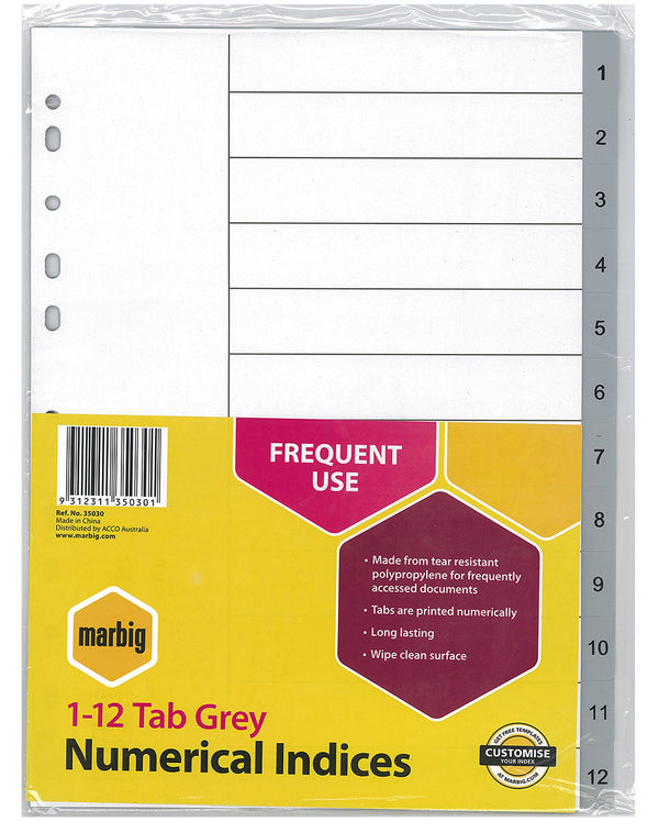 DIVIDERS MARBIG A4 PP 1-12 TAB GREY