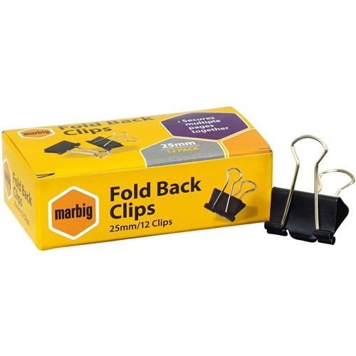 Marbig Foldback Clips 25mm Black Box Of 12