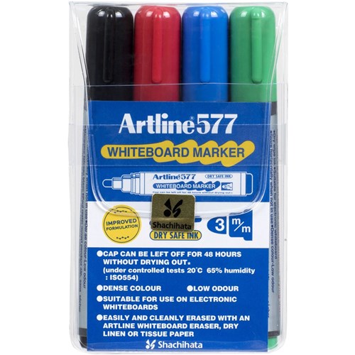 Artline 577 Whiteboard Markers Bullet 3mm Assorted Colours Pack Of 4