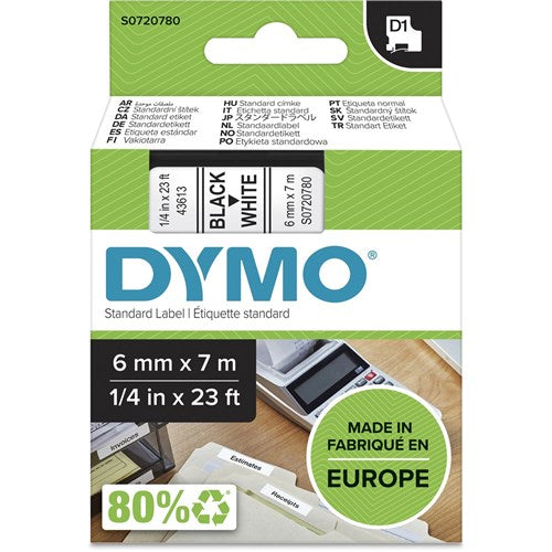 Dymo D1 Label Cassette Tape 6mmx7m Black on White | Better Office