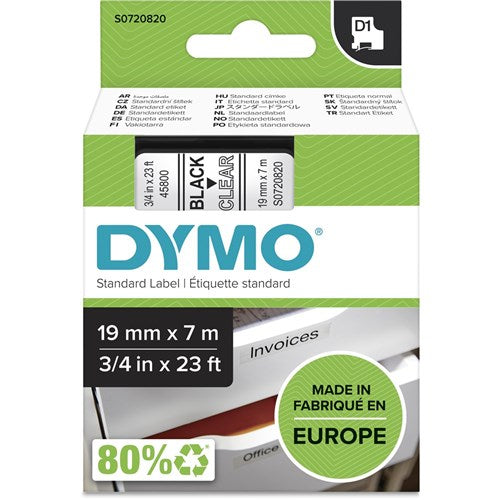 Dymo D1 Label Cassette Tape 19mmx7m Black on Clear | Better Office