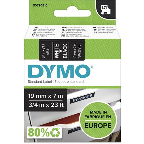 Dymo D1 Label Cassette Tape 19mmx7m White on Black | Better Office