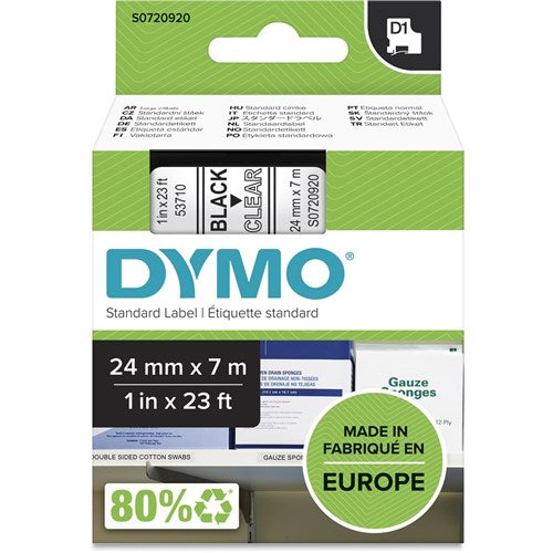 Dymo D1 Label Cassette Tape 24mmx7m Black on Clear | Better Office