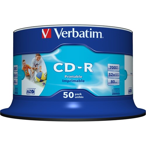 Verbatim Recordable CD-R 80Min 700MB 52X Inkjet Printable Pack Of 50 White